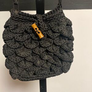 70s handmade black macramé crossbody purse